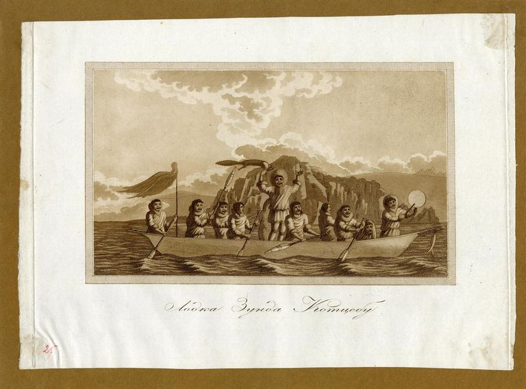 „Kotzebue väina elanikud paadis“, illustratsioon Otto von Kotzebue reisikirjast „Avastusreis Lõunamerele ja Beringi väinale põhja-ida suunalise läbisõidu uurimiseks“ (1821), Eesti Ajaloomuuseum.