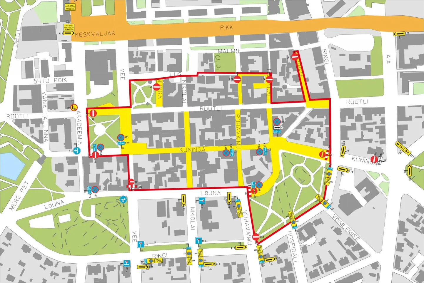 Augustiunetuse alal on parkimiskeeluga märgitud kollased tänavad ja festivali ala ümbritsetud punase joonega.