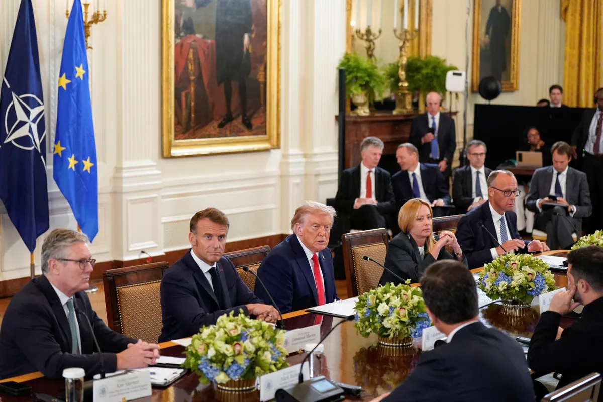 U.S. President Donald Trump meets Ukrainian President Zelenskyy and his European supporters in Washington, D.C., U.S., August 18, 2025. Photo: ALEXANDER DRAGO