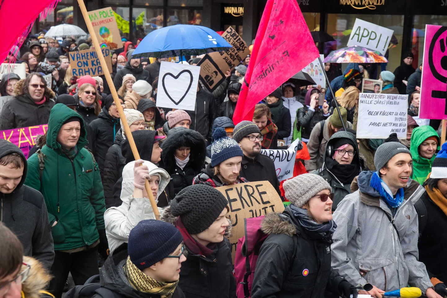 Tallinna vanalinnas toimunud EKREIKE koalitsiooni vastane meeleavaldus «Jah vabadusele, ei valedele!» Meeleavaldusel osalejate hulgas olid ka Feministeeriumi esindajad, kes kardavad uue valitsuse ajal riigipoolsest toest ilma jääda.