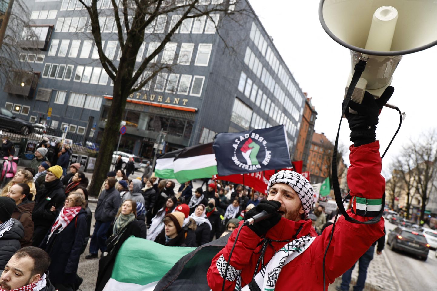 Palestiinat toetav meeleavaldus Stockholmis. Protestil kutsuti üles relvarahuks Gazas ning Iisraeli väljaarvamiseks Eurovisiooni lauluvõistluselt.
