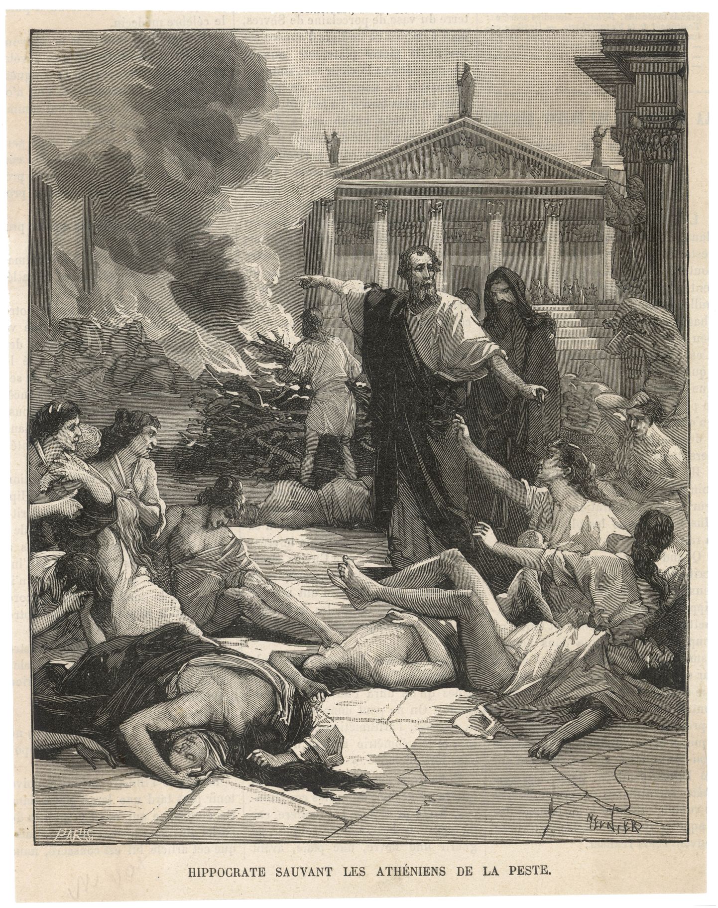 19. sajandi joonistus, millel Vana-Kreeka arst Hippoctares tegeleb 5. sajandil eKr Ateenas katku haiugestunutega