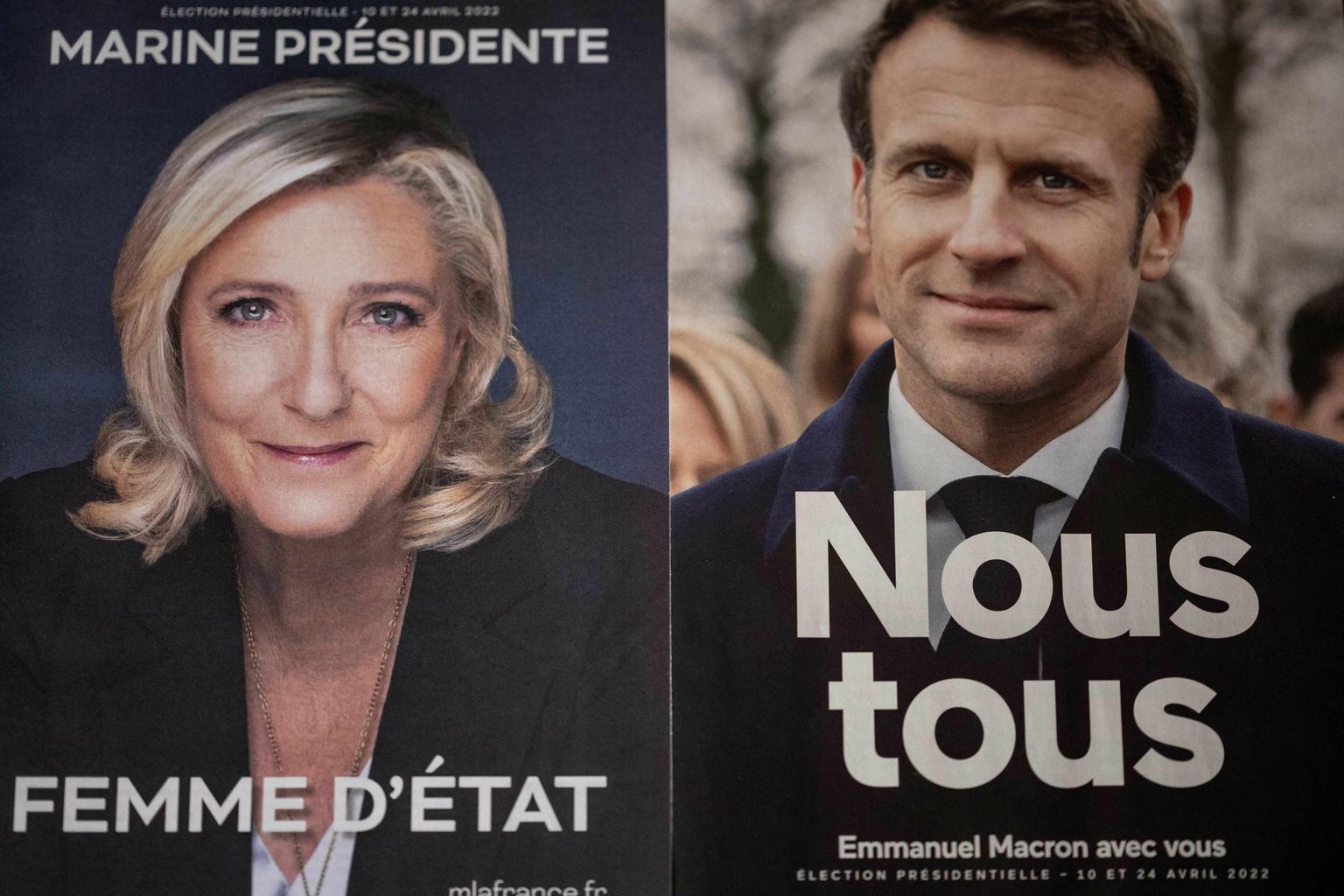 Marine Le Peni ja Emmanuel Macroni valimisplakatid Pariisis.