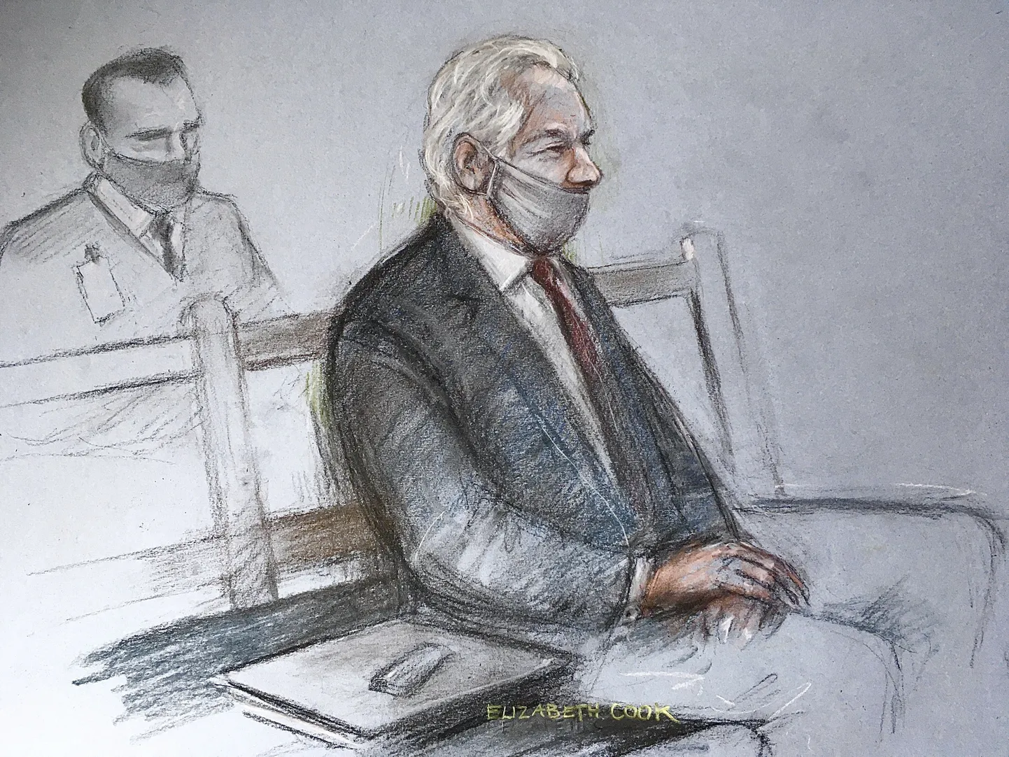 Kohtujoonistus Julian Assange'ist.