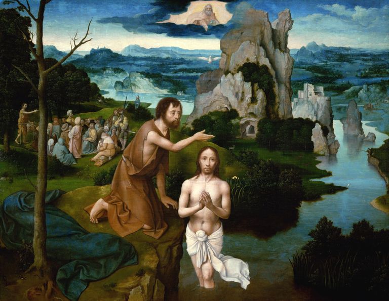 Йоахим Патинир. Крещение (1515). Один из создателей жанра пейзажа изобразил, как Иоанн Креститель поливает Христа водой - символически купает его.