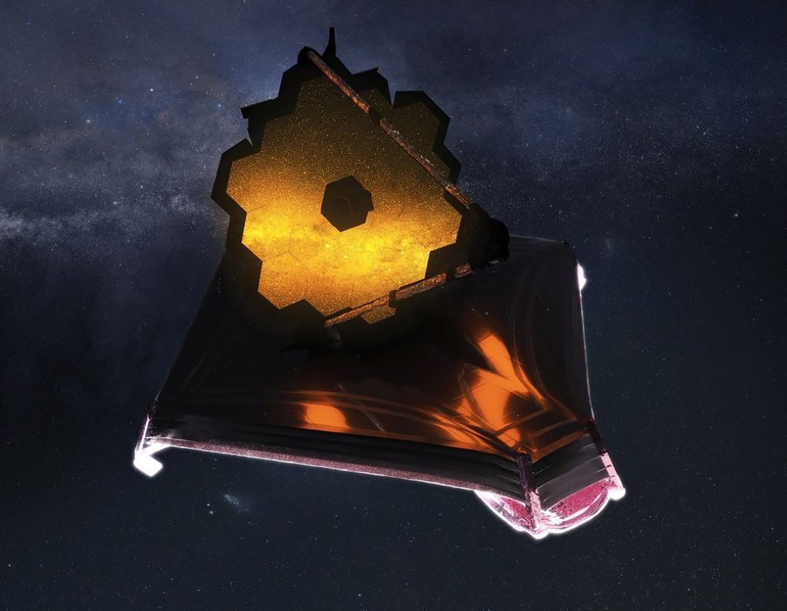 NASA kunstniku Adriana Manrique Gutierrezi arvutijoonistus James Webbi kosmosetelekoobist töökorras olekus