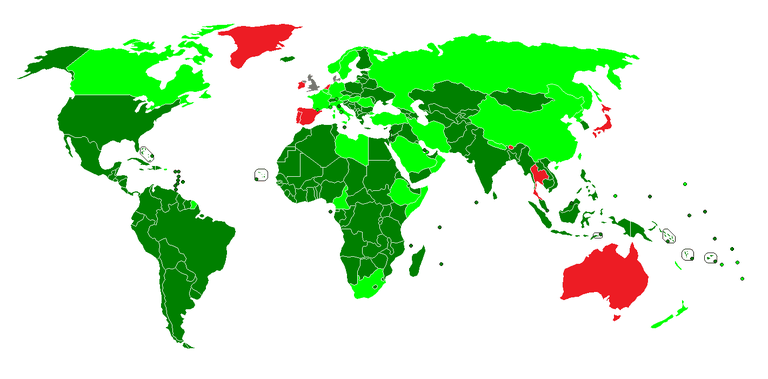 Карта государственных праздников. Темно-зеленый - день независимости, светло-зеленый - день единения, красный - иные основания, серый - нет такого дня. 