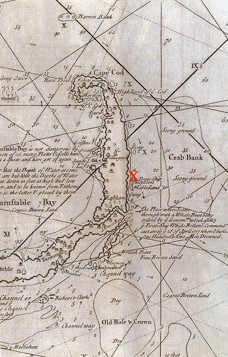 Kaart, millel on kujutatud Whydahi vraki asukoht Massachusettsis Cape Codi poolsaare juures