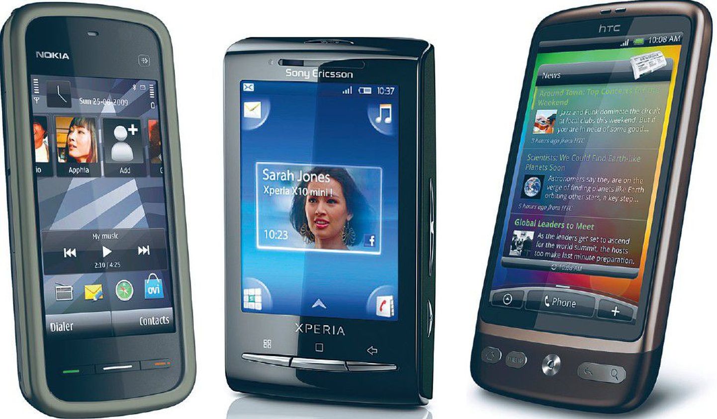 Enimmüüdud nutitelefonid Eestis on Nokia 5230 (vasakult), Sony Ericsson X10 Mini ja HTC Desire.