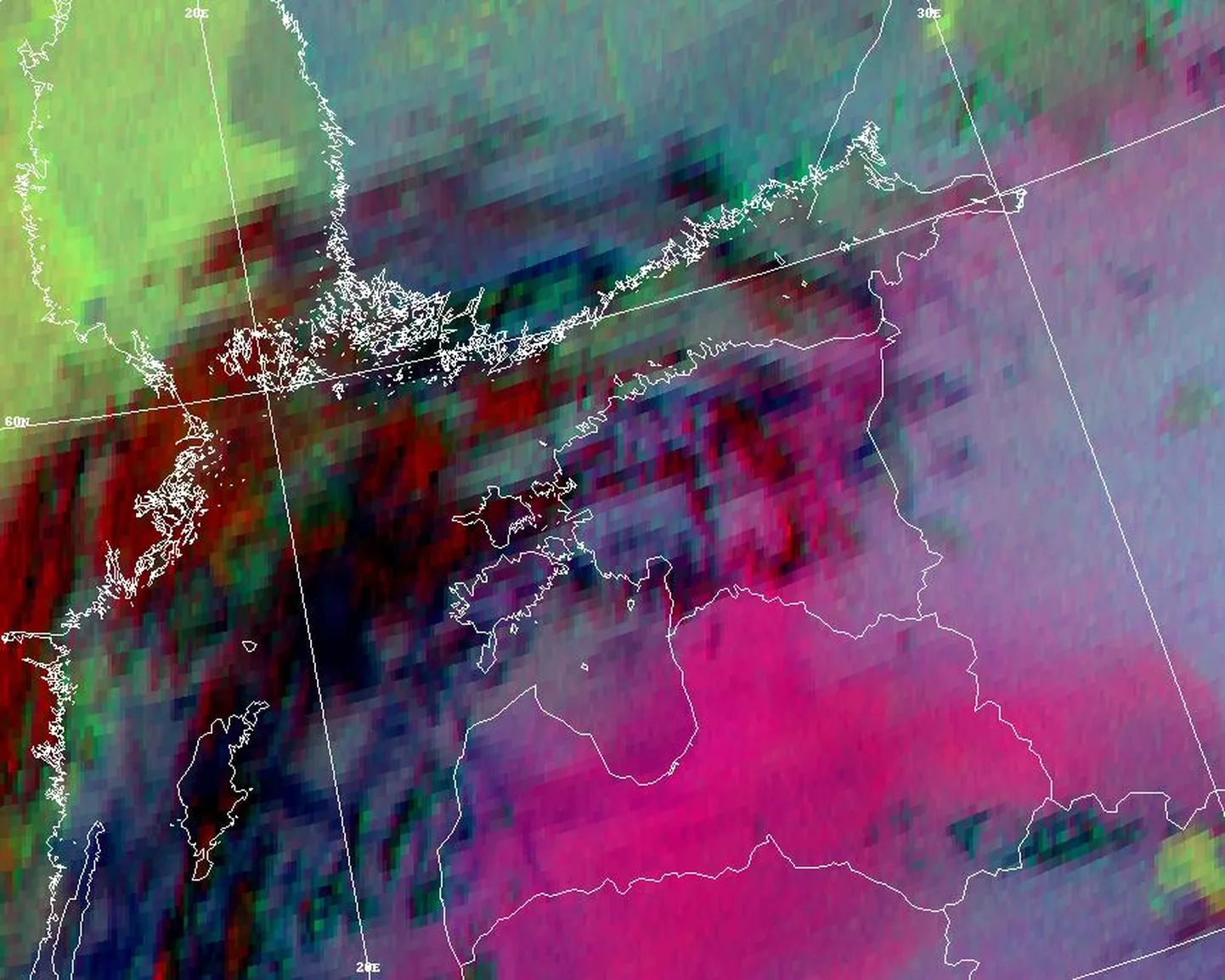 Ilmateenistuse kella 14.25 ajal tehtud satelliidifotol on suitsu- ja tolmuosakeste mass näha roosakate toonidega.
