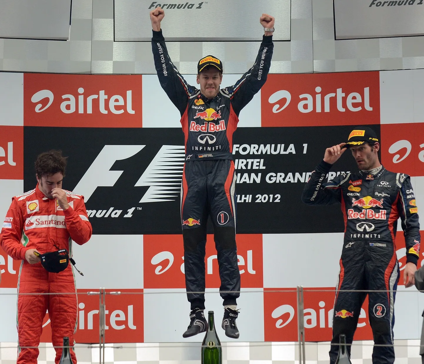 Sebastian Vettel, Fernando Alonso ja Mark Webber.