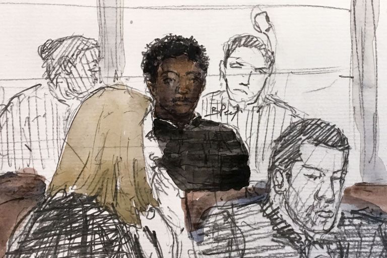 Joonistus Pontoise' kohtust, kus arutati 29-aastase mehe ja 11-aastase tüdruku seksijuhtumit