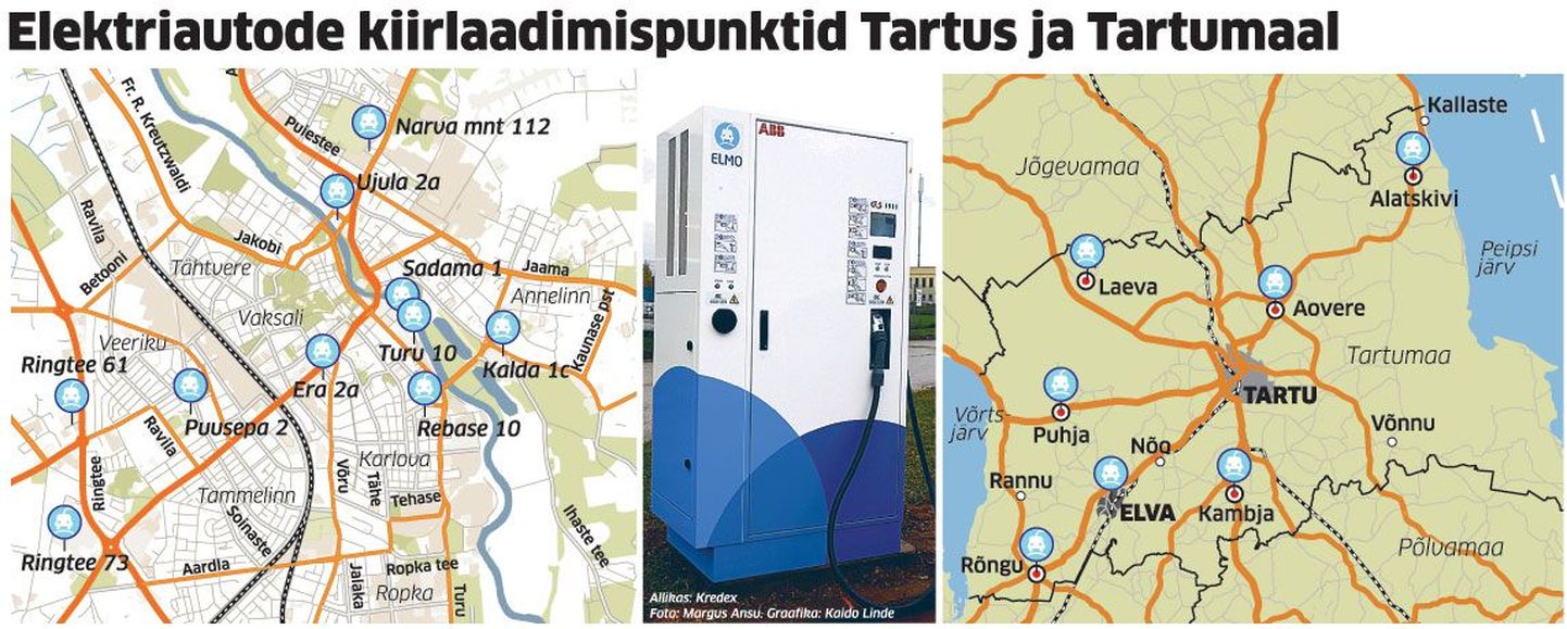 Elektriautode kiirlaadimispunktid Tartus ja Tartumaal.