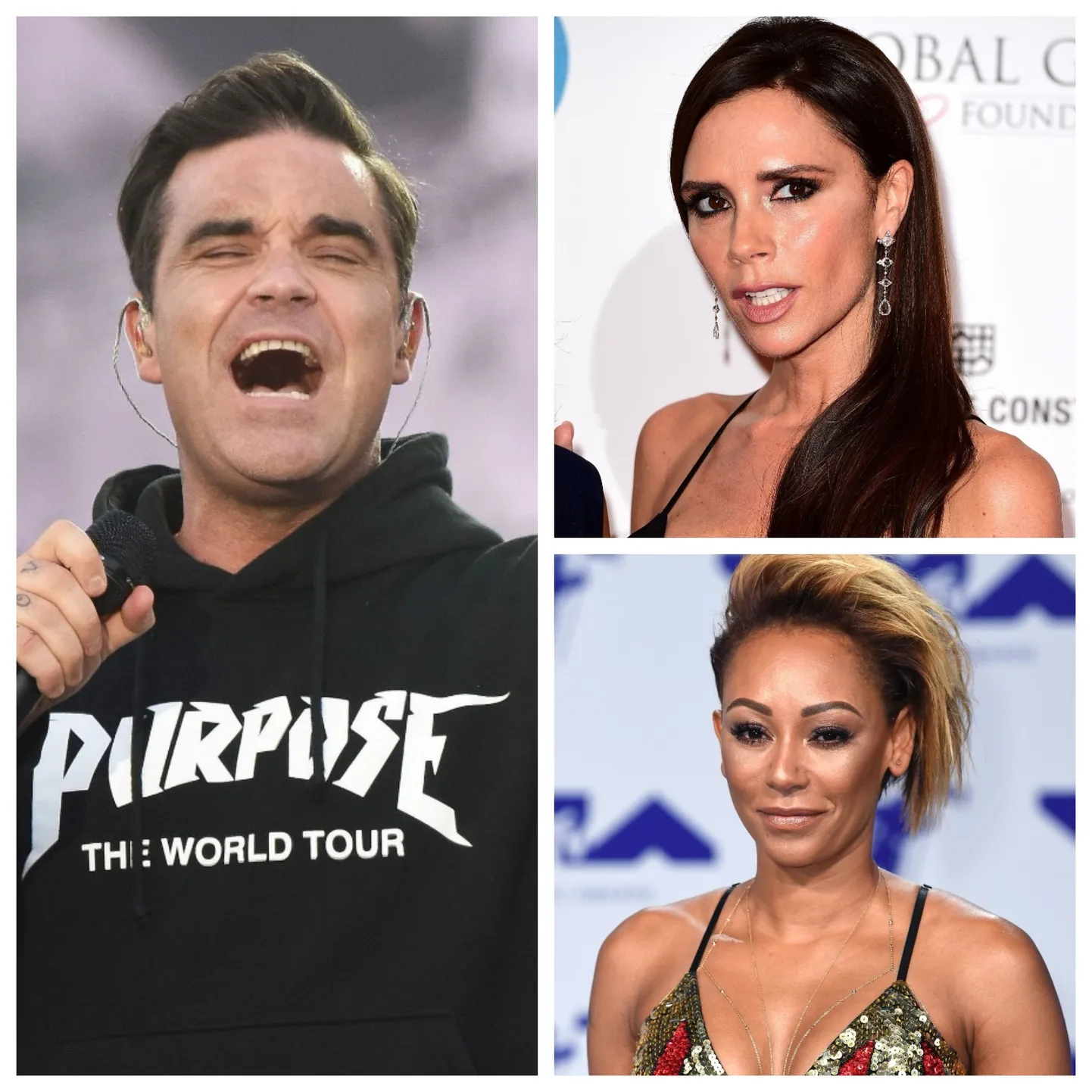 Robbie Williams (vasakul), Victoria Beckham (paremal ülal) ja Mel B ehk Melanie Brown
