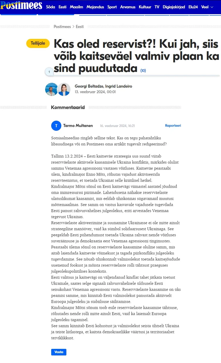 Valeinformatsiooni sisaldav tekst, mis on Postimehe artikli juurde lisatud kommentaarina.