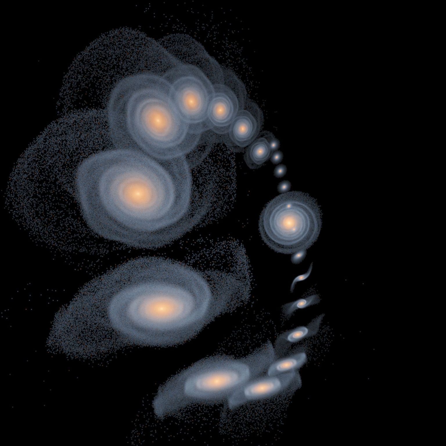 Arvutijoonis Andromeeda galaktikast (paremal) ning selle muutumisest viimase kolme miljardi aasta jooksul