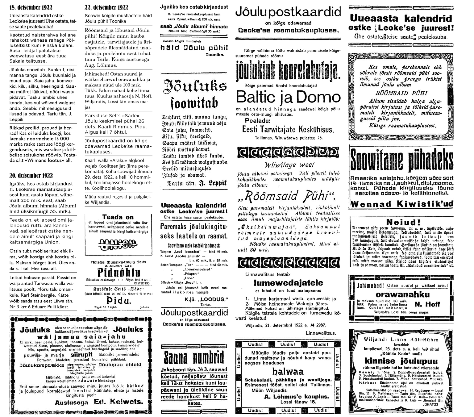 Valik 1922. aasta detsembris Sakalas ilmunud kuulutusi ehk mida otsiti, pakuti ja soovitati sada aastat tagasi jõulukuul.
