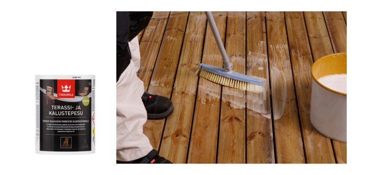 Terrassi pesemine puhastusvahendiga eemaldab vana töötluse jäägid, mustuse ja vetikad. Samuti teeb vana pinna heledamaks.