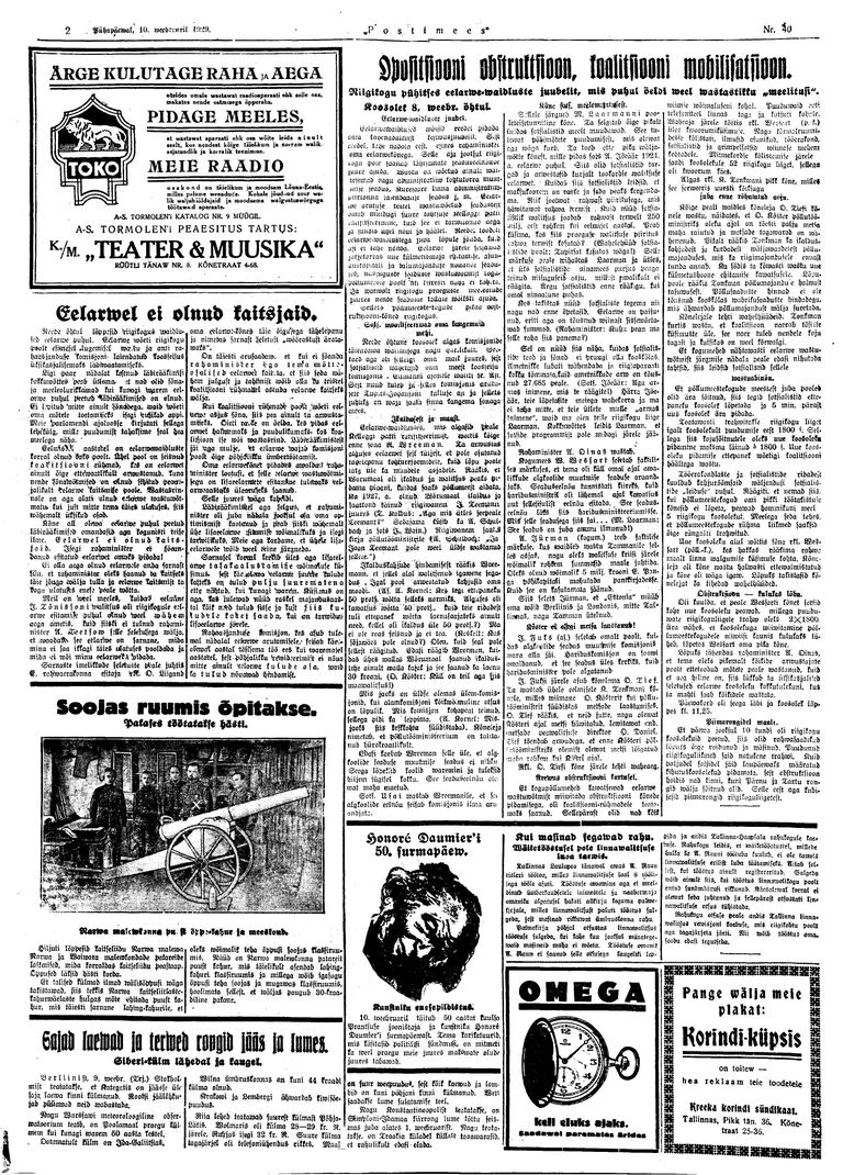 Postimehe 1929. aasta 10. veebruari reportaaž Riigikogust