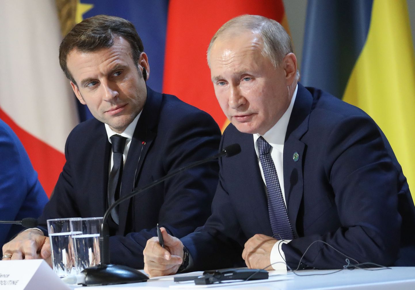 Emmanuel Macron ja Vladimir Putin pressikonverentsil Pariisis 9. detsember 2019.