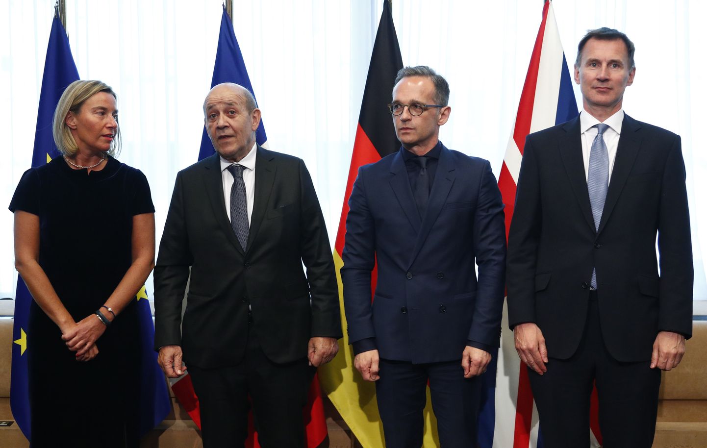 Euroopa Liidu välispoliitikajuht Federica Mogherini (vasakult esimene), Prantsuse välisminister Jean-Yves Le Drian, Saksa välisminister Heiko Maas ja Briti välisminister Jeremy Hunt esmaspäeval Brüsselis.
