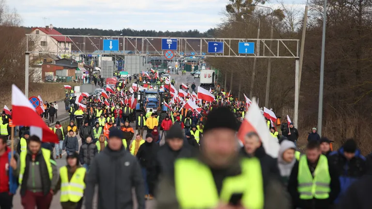 Люди с польскими флагами идут по дороге.