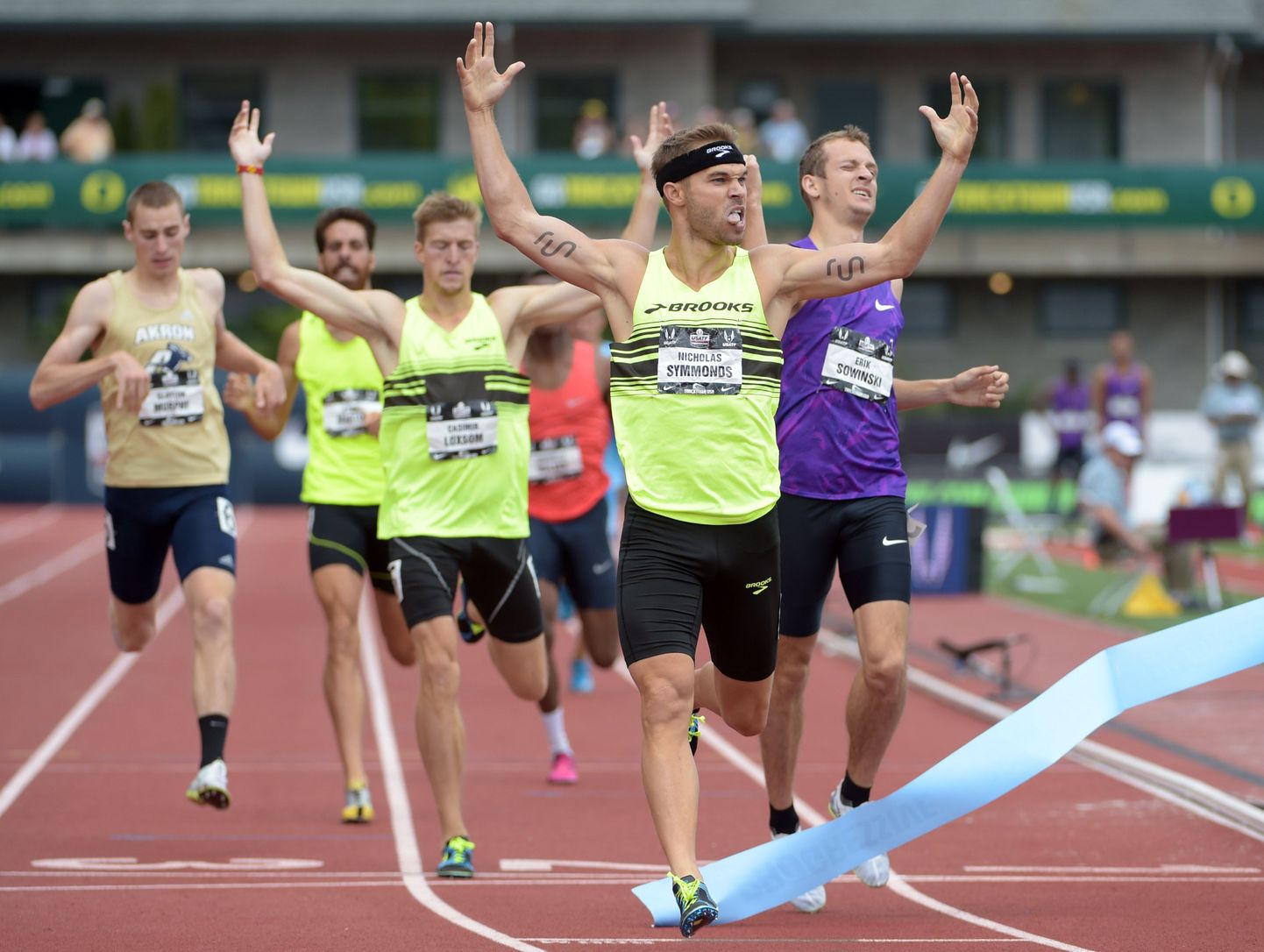 Jun 28, 2015; Eugene, OR, USA; Nick Symmonds celebrates after winning the 800m in 1:44.53 in the 2015 USA Championships at  Hayward Field. Mandatory Credit: Kirby Lee-USA TODAY Sports