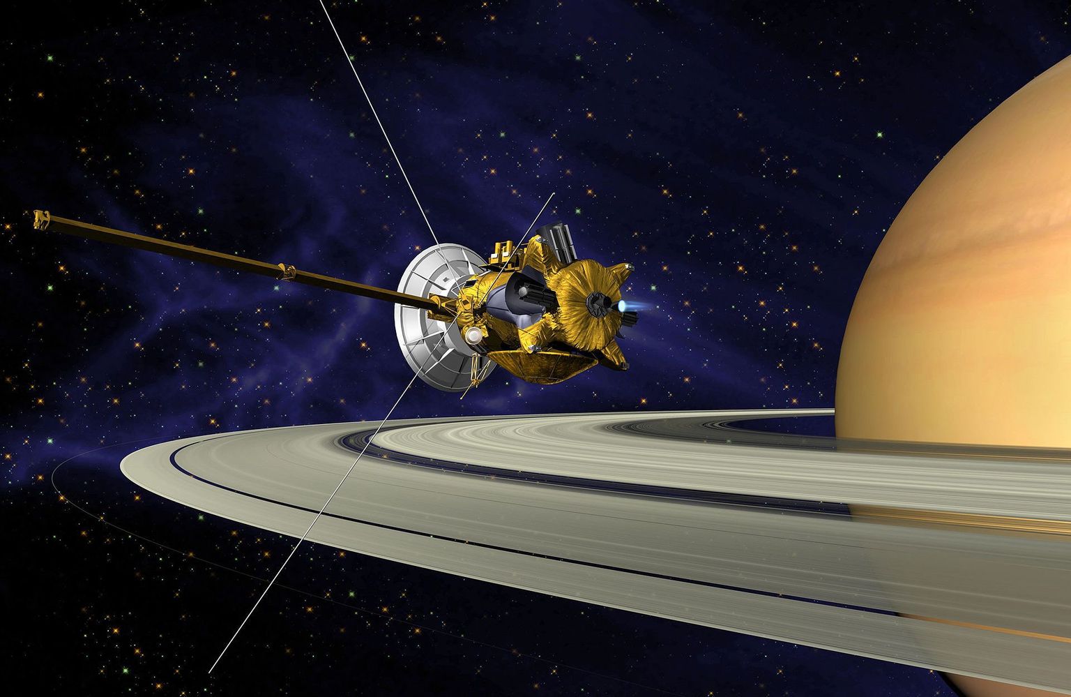 Kunstniku joonistus Cassinist ja Saturnist