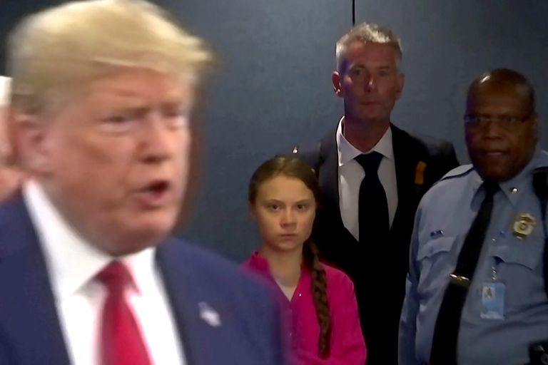 Greta Thunberg ja Donald Trump 23. septembril 2019 New Yorgis ÜRO peahoone fuajees