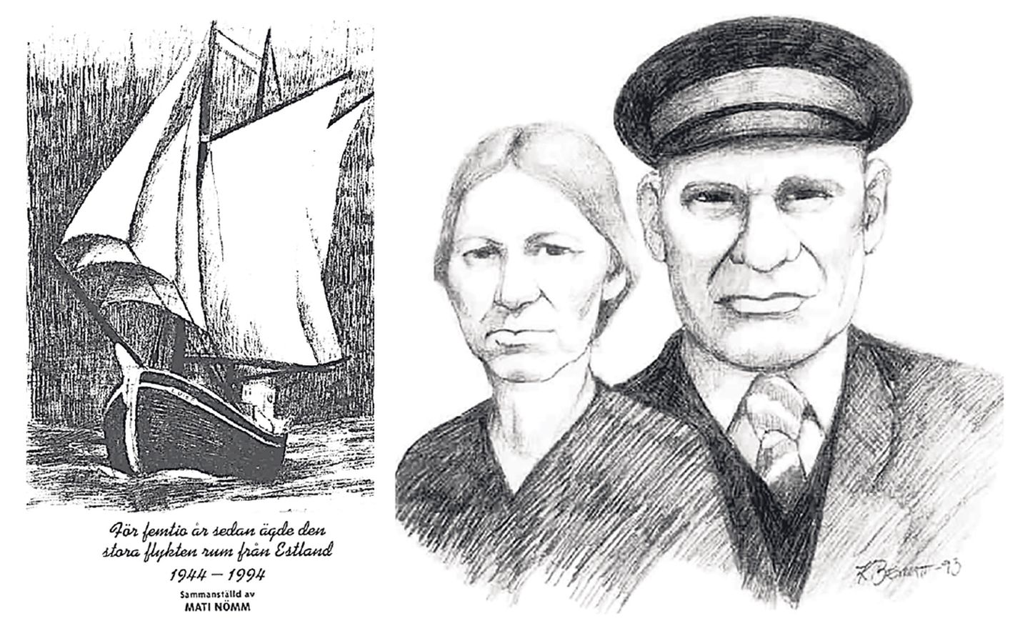 PAULIINE JA MIHKEL HIIUVÄIN ning purjelaev Luise. Mati Nõmme illustratsioonid kogumikust "Põgenemine Eestist 50 aastat tagasi".