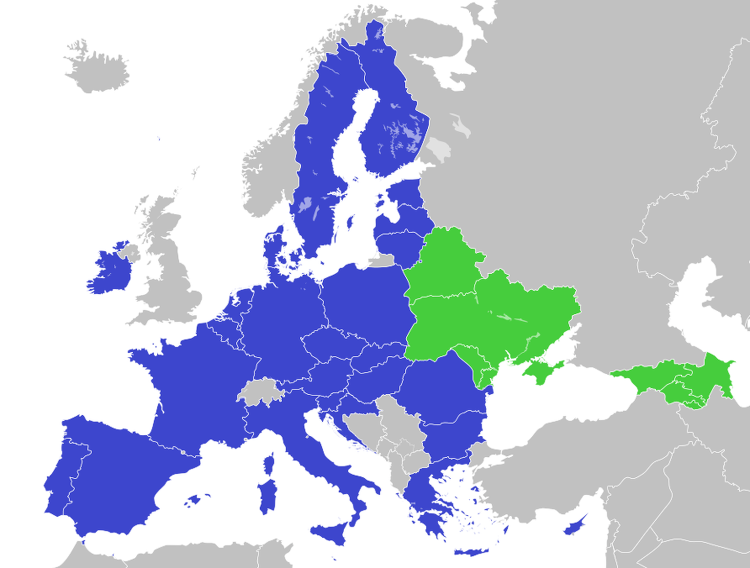 Страны Европейского Союза (синим цветом) и страны Восточного партнерства (зеленым цветом): Армения, Азербайджан, Беларусь (приостановленное членство), Грузия, Молдова и Украина.