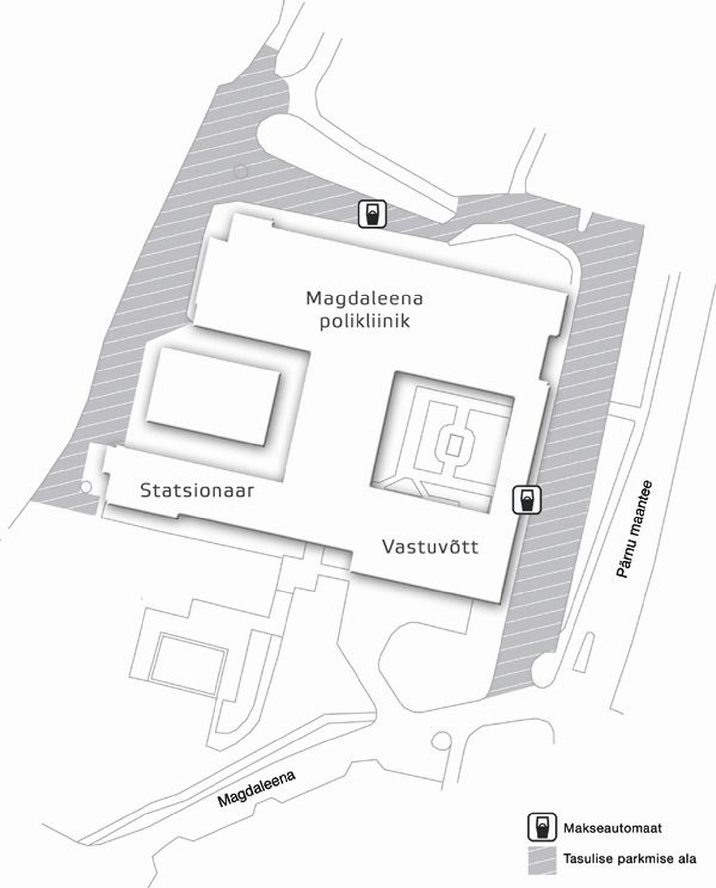 Külastajatel ja patsientidel on võimalik oma auto parkida Magdaleena polikliiniku ja haigla territooriumil kaardil näidatud alale.