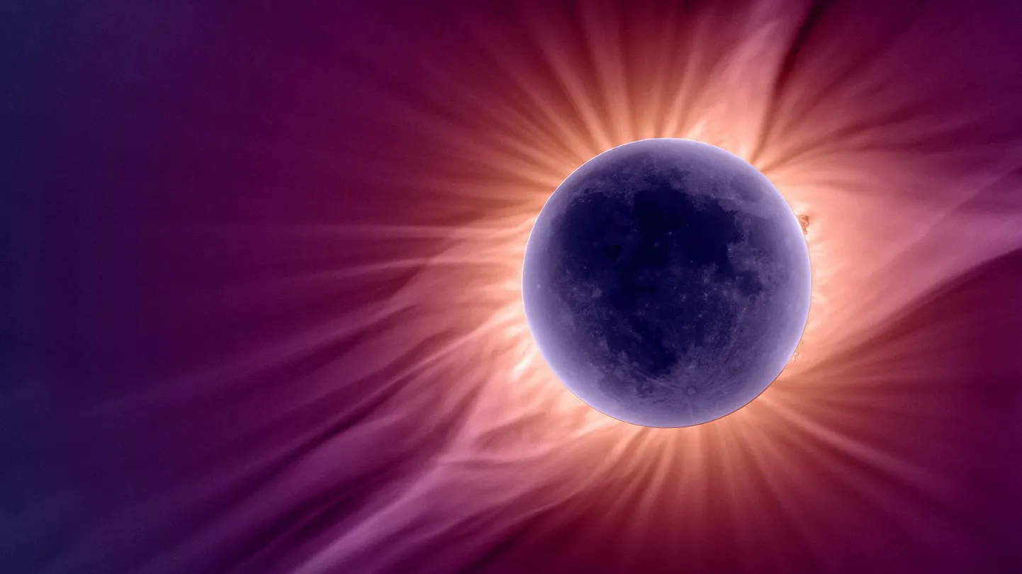 NASA koloriseeritud pilt täielikust päikesevarjutusest. Seekord kulgeb see vari diagonaalselt üle Põhja-Ameerika tihedalt asustatud piirkondade.