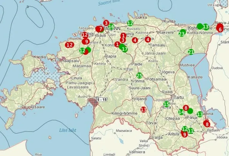 Jääkaardile on märgitud jää paksus teisipäevase seisuga, punase ringiga tähistatud aladel on jääle minek keelatud.