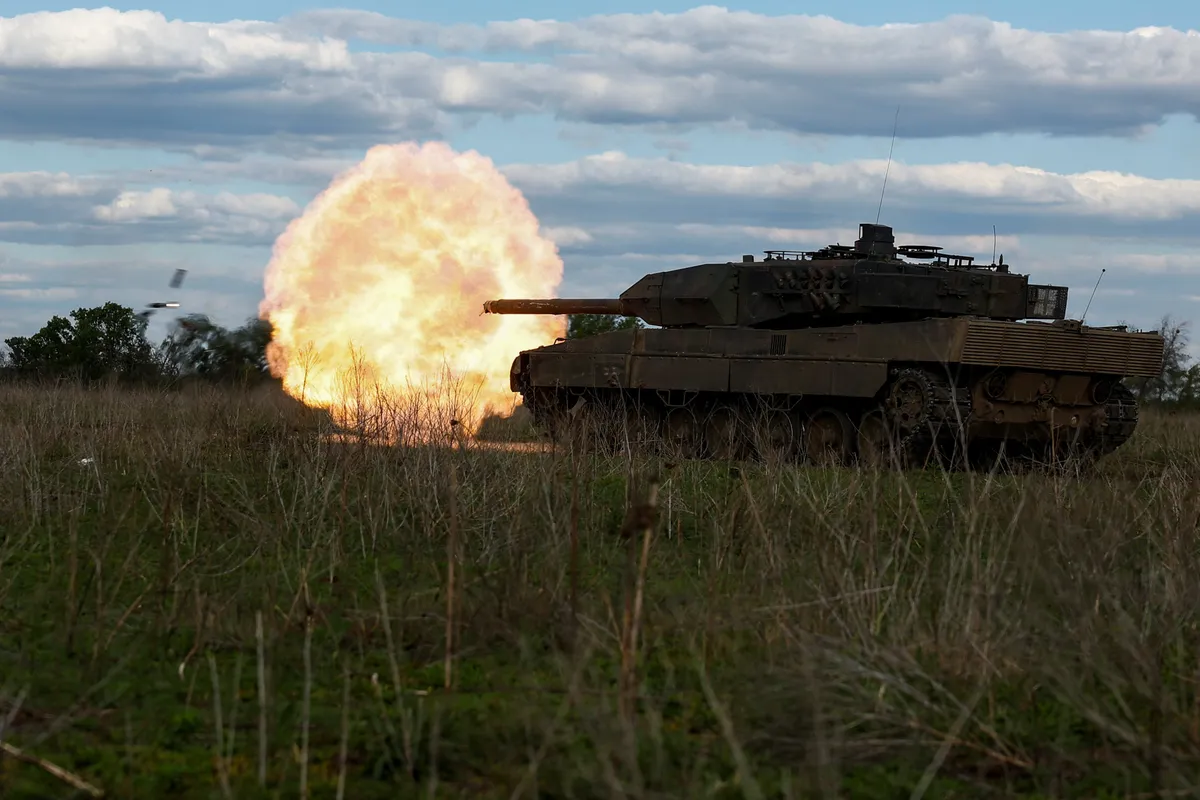 Ukrainian tank crews were training on a German-produced Leopard 2A6 tank in Donetsk, Ukraine, on May 12, 2024. The production cycle of a Leopard tank lasts 12-18 months.