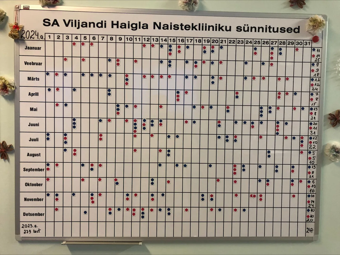 Viljandi haiglas sündis mullu 32 last vähem kui 2023. aastal. Ilmale tuli 128 poissi (sinised täpid) ja 119 tüdrukut (punased). Seda ohtu, et haiglas sünnitusosakonda sulgema hakatakse, vähemalt praegu siiski ei ole.