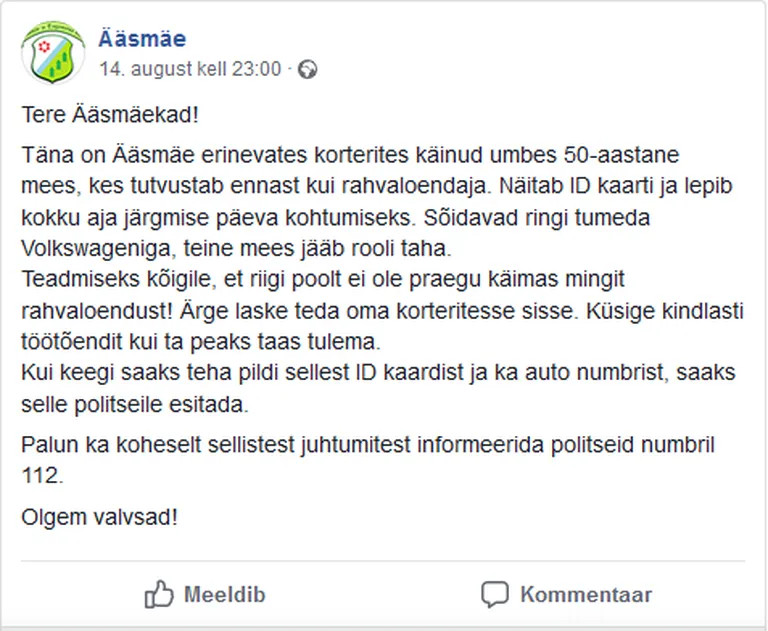 Hoiatus Ääsmäel tegutsevast «rahvaloendajast».