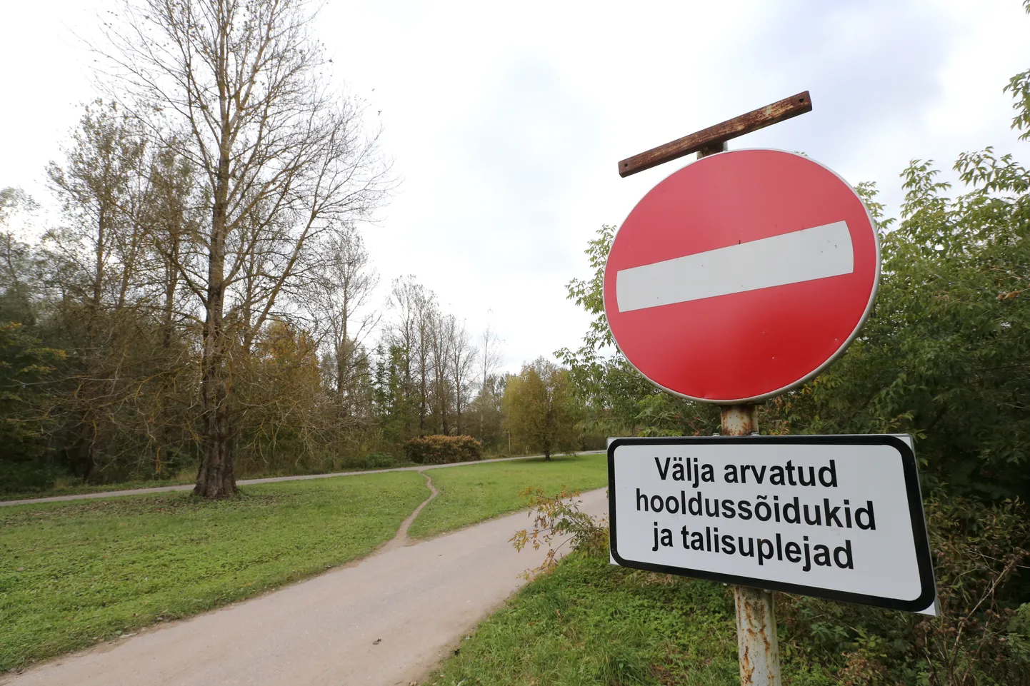 Keelumärk Emajõe ääres, millel talisuplejatele ja hooldussõidukitele läbipääsu lubav lisatahvel.