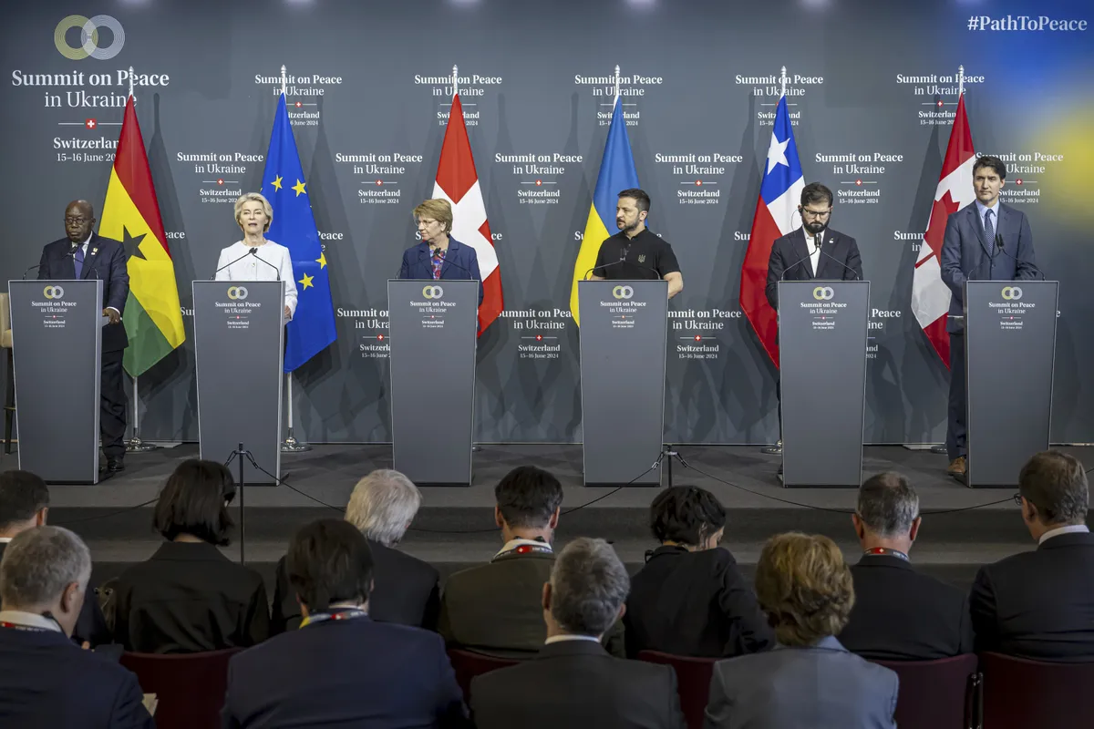 From left: Ghana President Nana Addo Dankwa Akufo-Addo, European Commission President Ursula von der Leyen, Swiss President Viola Amherd, Ukrainian President Volodymyr Zelensky, Chilean President Gabriel Boric, and Canadian Prime Minister Justin Trudeau at the Ukraine Peace Conference in Switzerland on June 16, 2024.