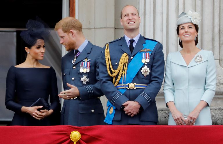 Герцогиня Меган, принц Гарри, принц Уильям и герцогиня Кэтрин на балконе Букингемского дворца, 10 июля 2018
