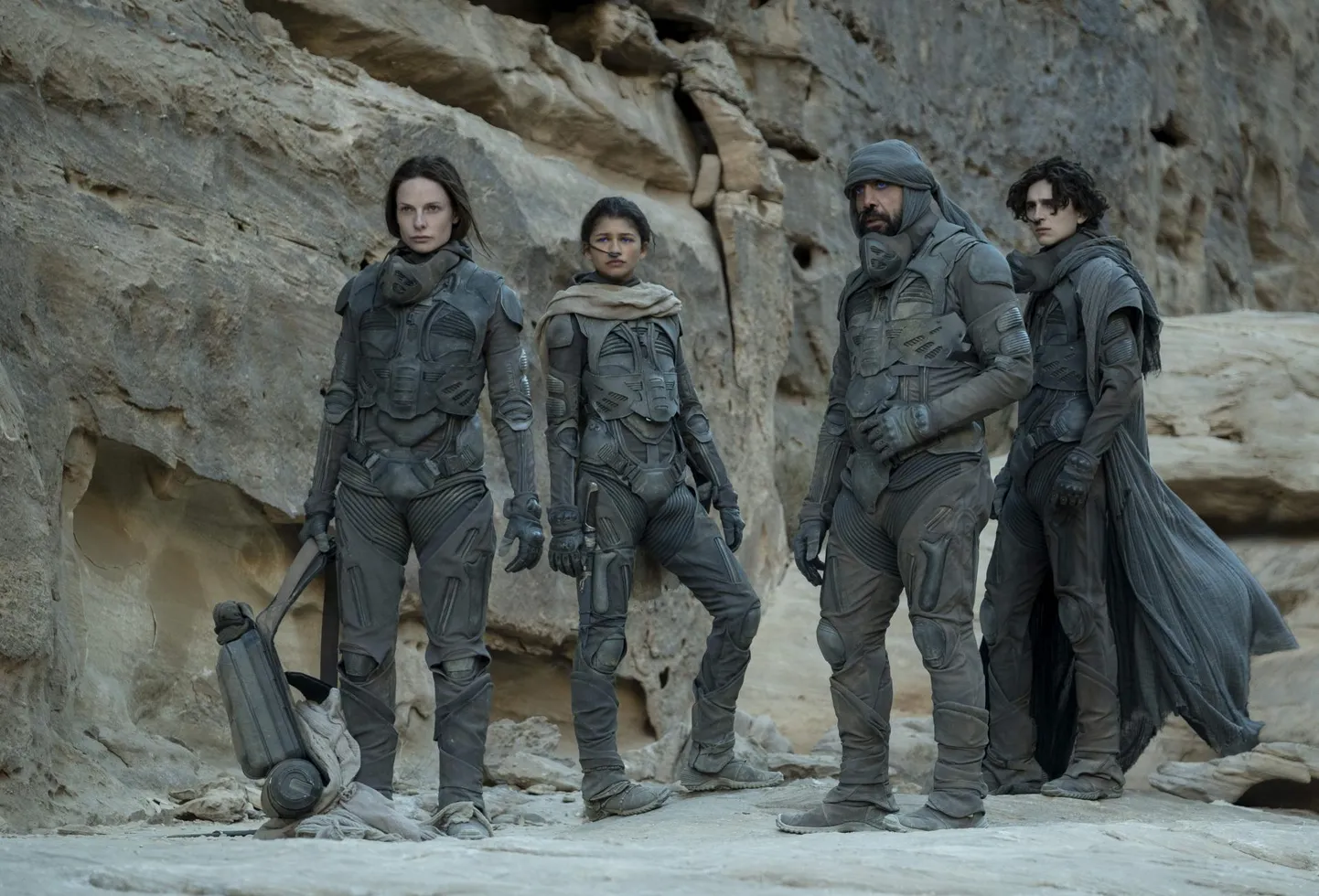 Rebecca Ferguson, Zendaya, Javier Bardem ja Timothée Chalamet filmis «Düün» (2021).