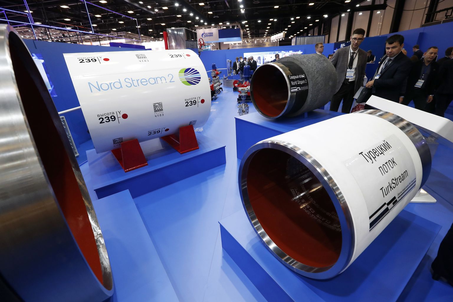 Electrically welded pipes used for Nord Stream 2 and Turkish Stream projects are on display at the international exhibition 'InGas Stream 2018 - Innovations in the Gas Industry' which is specialised for gas industry products and technologies at the 8th St. Petersburg International Gas Forum in St.Petersburg, Russia, 02 October 2018.  EPA/ANATOLY MALTSEV