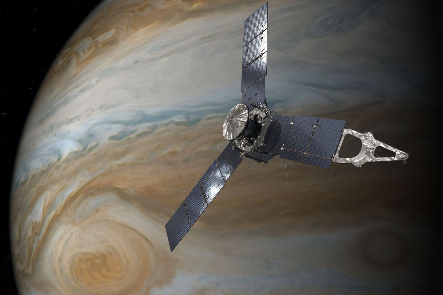 Kunstniku kujutis Juno uurimisalusest Jupiteri taustal.