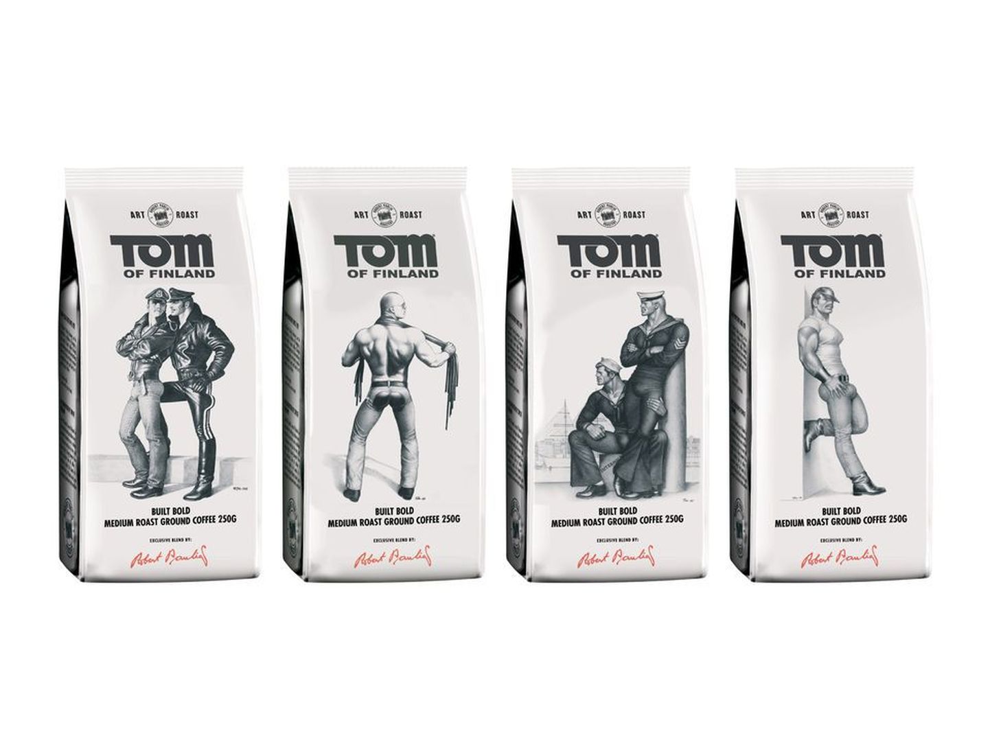 Tom of Finlandi joonistustega kohvipakid.