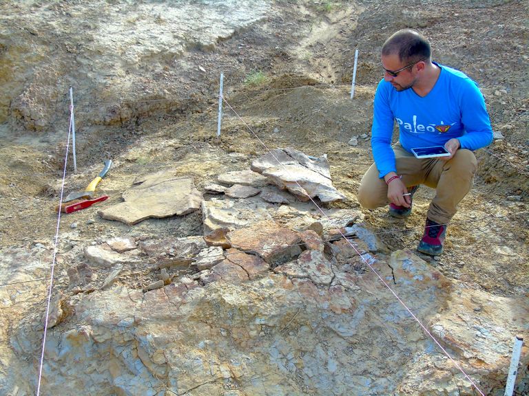 Colombia paleontoloog Edwin Cadena Stupendemys geographicus'e fossiiliga