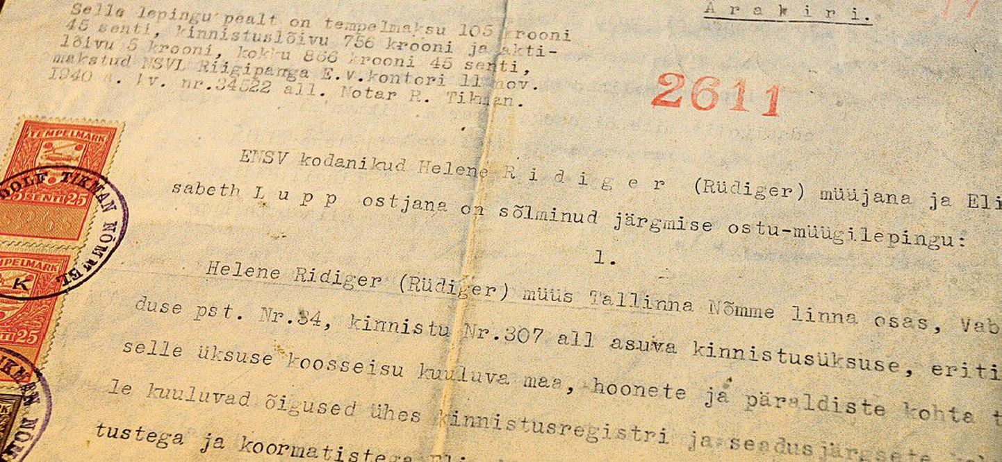 Ärakiri ostu-müügilepingust, millega Ridigeride pere oma Tallinnas Nõmmel asuva maja ja maa 1940. aastal Šeinide perele müüsid.