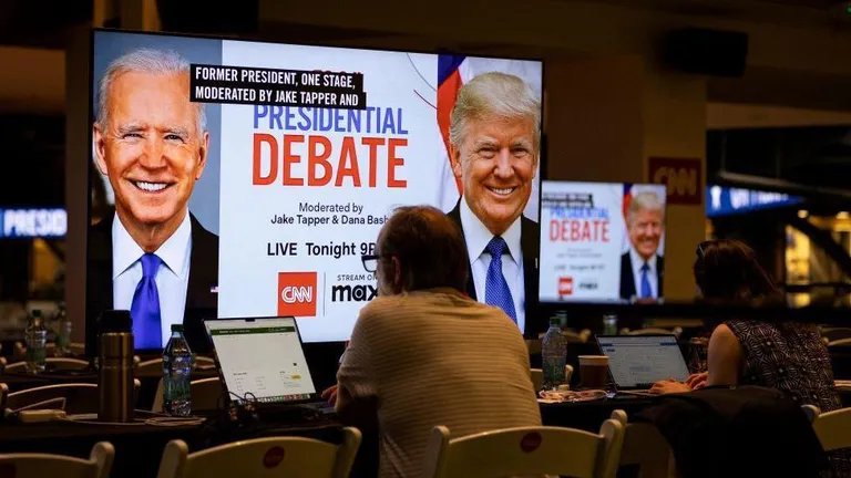 Люди смотрят дебаты на большом экране