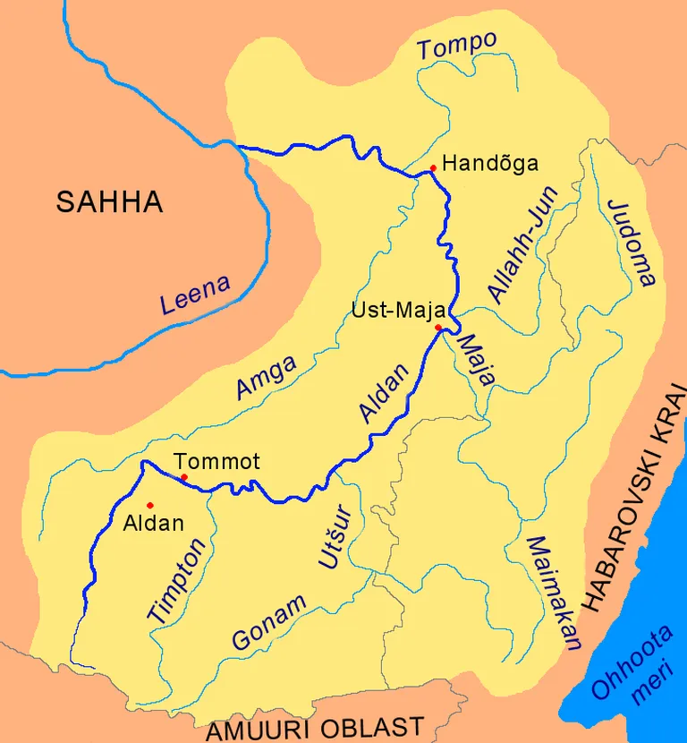 Aldani jõgi ja Tommoti linn kaardil