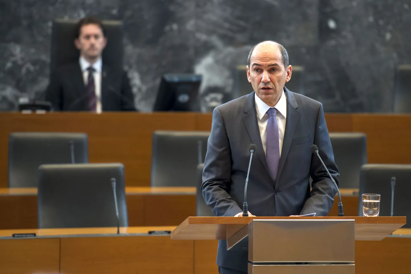 Janez Jansa, Slovenian Prime Minister, candidate speaks during the debate about his mandate as Prime Minister in Ljubljana, on January 28, 2012. Slovenian parliament votes on the appointment of former premier Janez Jansa as prime minister at the head of a centre-right coalition promising to repair the eurozone member's public finances, boost growth and get recent credit rating downgrades reversed. AFP PHOTO Jure Makovec