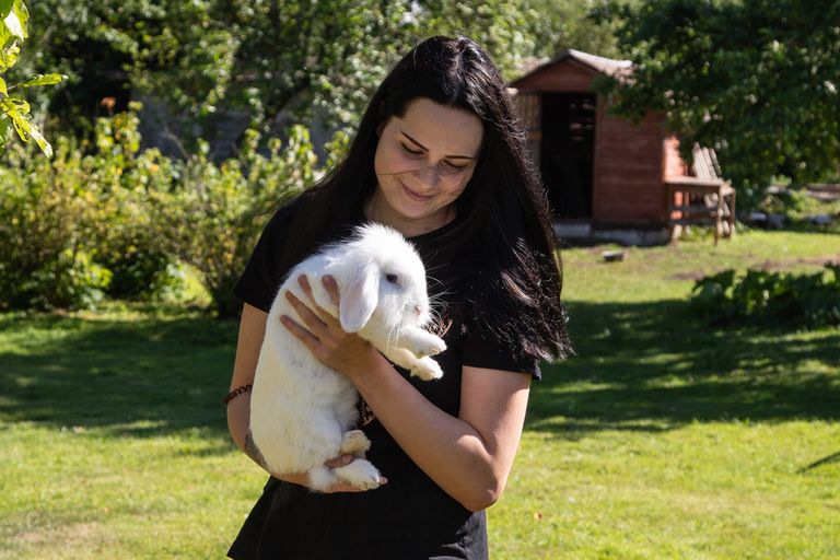 Шестилетнюю крольчиху Поппи часто берут с собой, чтобы она тоже могла для разнообразия порезвиться на траве.